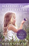 Blonde girl sitting in grass in white dress with butterfly on her hands, on book cover of novel by author KS